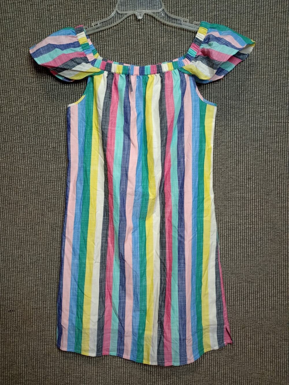 J Crew Rainbow Stripe Off Shoulder Mini Dress Cotton Sz 2 Summer Beach Vacation